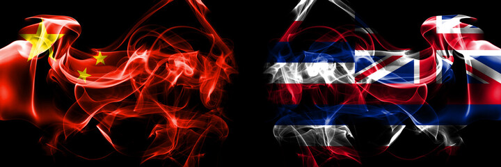 Flags of China, Chinese vs United States of America, America, US, USA, American, Hawaii, Hawaiian. Smoke flag placed side by side on black background.