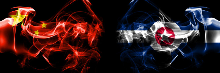 Flags of China, Chinese vs United States of America, America, US, USA, American, Indianapolis, Indiana. Smoke flag placed side by side on black background.