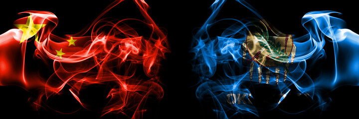 Flags of China, Chinese vs United States of America, America, US, USA, American, Oklahoma. Smoke...