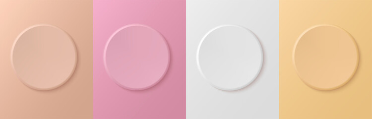 3D color circles of cosmetic product in beige, pink, yellow, white color, top view.