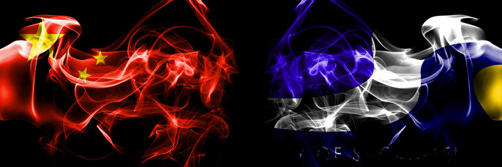 Flags of China, Chinese vs United States of America, America, US, USA, American, Sacramento, California. Smoke flag placed side by side on black background.