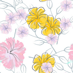 Pink Flowers Blooming Pattern. Pastel Watercolor.