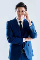 confident leadership asian mature businessman hand wear formal suit hand touch body part head...
