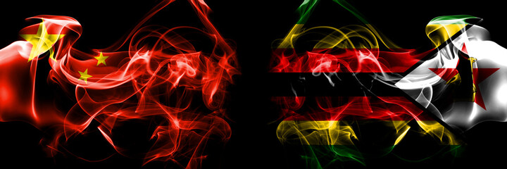 Flags of China, Chinese vs Zimbabwe, Zimbabwean, Zimbo. Smoke flag placed side by side on black background.