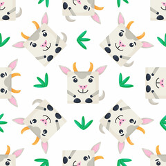 Squares goat Seamless pattern. Vector Background with the faces of goat. Template for the packaging, baby textile