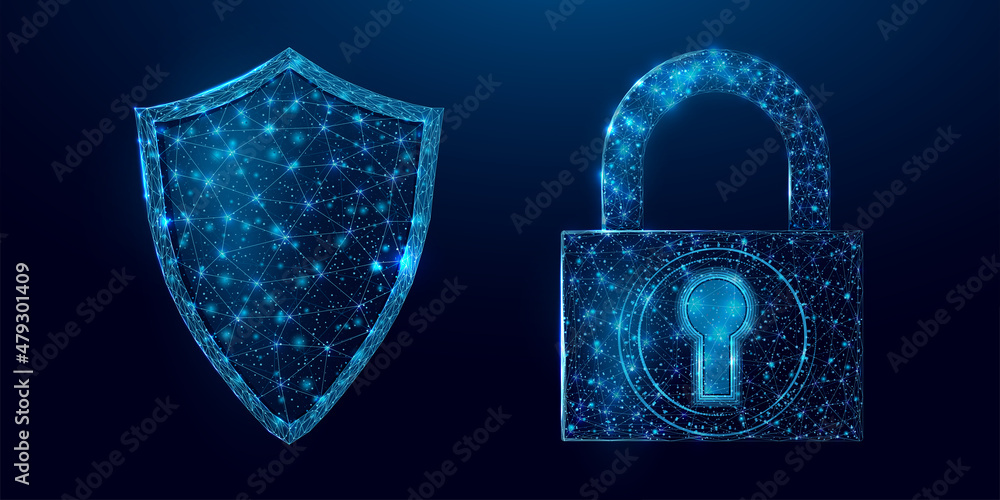 Poster guard shield and padlock. cyber security concept with glowing low poly shield and lock on dark blue 