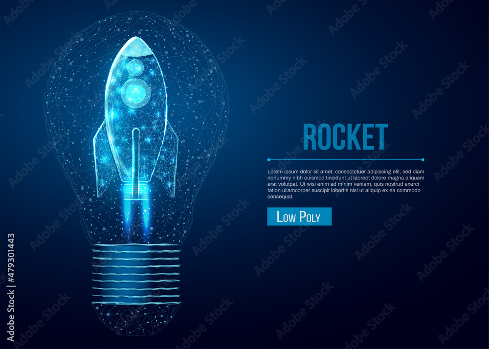 Poster rocket launch in lightbulb, wireframe polygonal style. internet technology network, business startup