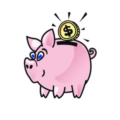 Smiling pink piggybank with dollar coin