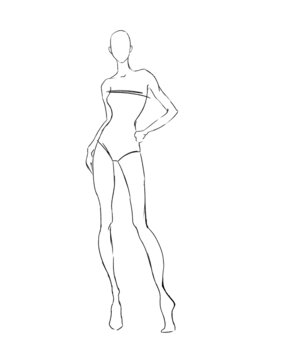 Sketch of the female body. Girl model. Front and back view. Female body template for drawing clothes. You can print and draw directly on the thumbnails. Fashion Illustration.