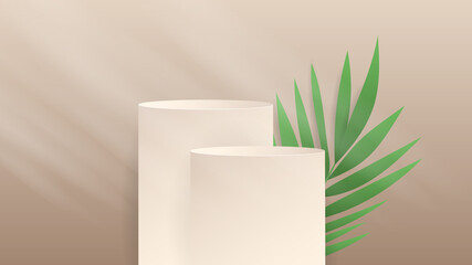 Podium  minimal with sunlight and palm plant abstract background , 3D stage podium display product , stand to show cosmetic products ,illustration 3d Vector EPS 10