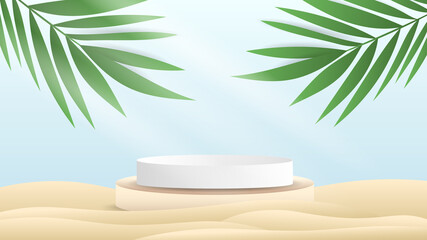 Sandy beach and palm leaves Podium and minimal abstract background , 3D stage podium display product , stand to show cosmetic products ,illustration 3d Vector EPS 10