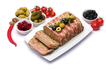 Traditional French terrine covered with bacon isolated on white background