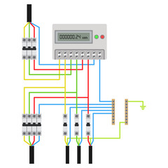 Three-phase network energy meter connection diagram. Vector illustration.