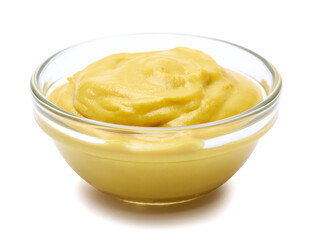 Classic mustard sauce in glass bowl isolated on white background