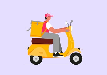 Man riding scooter, concept of food delivery service, courier delivering food from restaurant. Flat vector illustration