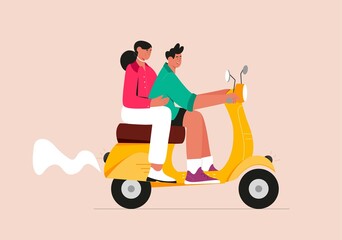 Young couple girl and a guy having fun riding a vintage scooter. Flat vector illustration.