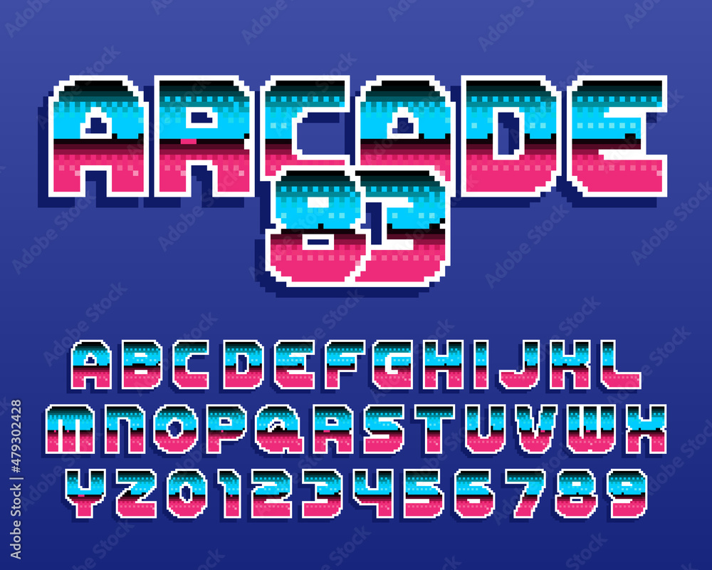 Fototapete arcade 83 alphabet font. digital letters and numbers. 80s arcade video game typescript.