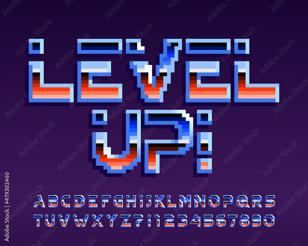 Poster level up alphabet font. pixel letters and numbers. 80s arcade video game typeface.