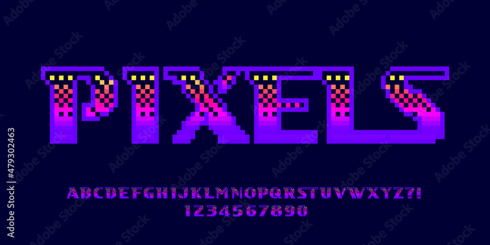 Poster pixels alphabet font. pixel letters and numbers. 80s arcade video game typeface.