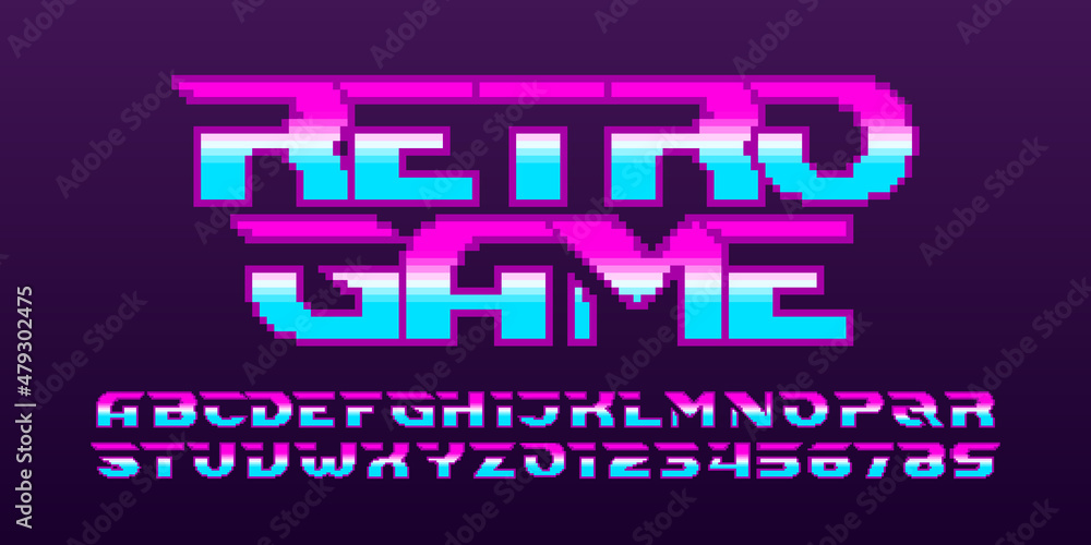 Poster retro game alphabet font. pixel letters and numbers. 80s arcade video game typeface.