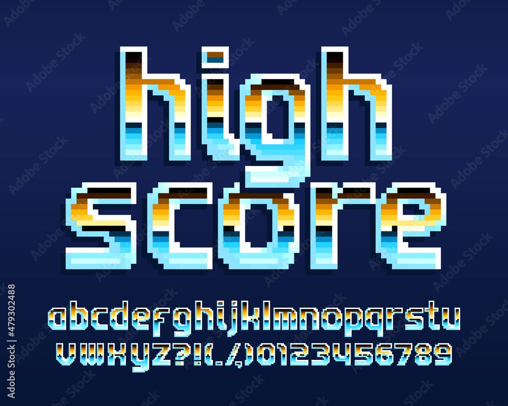 Poster high score alphabet font. pixel letters and numbers. 80s arcade video game typeface.