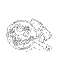 Breakfast set, fried eggs with bread outline for coloring book