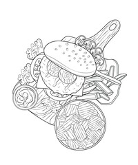 Junk food, meat burger with chips outline for coloring book
