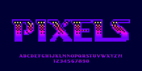 Pixels alphabet font. Pixel letters and numbers. 80s arcade video game typeface.