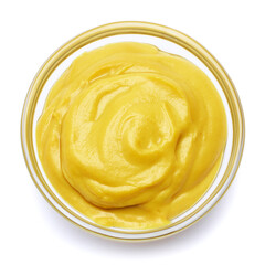 Classic mustard sauce in glass bowl isolated on white background