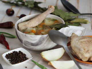 Homemade chicken potato soup. Healthy natural food.
