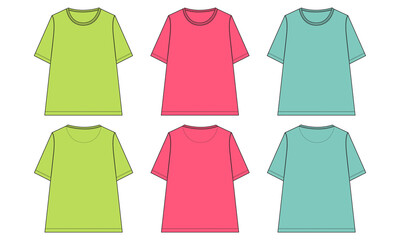 Multi color Relax fit Short Sleeve T-Shirt overall technical Fashion Flat Sketch vector template for Women's. Apparel design blank t shirt mock up front, back views isolated on white background.