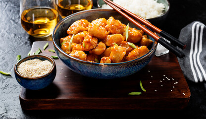 Crispy Honey Sesame Chicken, korean style food. Black stone background