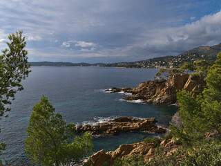 Beautiful view of the mediterranean coast near town La Lavandou at the French Riviera, France on...