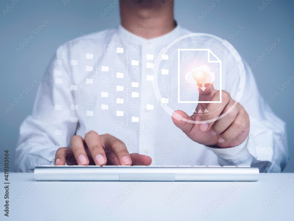 Poster document management. cloud computing technology. document file information and folder icons and man 