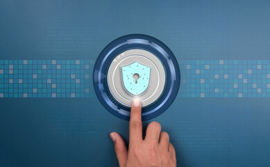 Security data technology, identity verification, and personal privacy concept. Shield icon and hand pushing a digital button on blue network symbol and random numbers code background, minimal style.