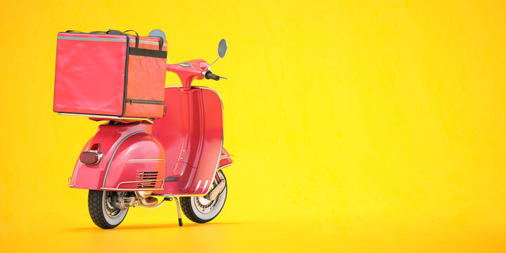 Scooter express delivery service. Pink motor bike with delivery bag  on yellow background.