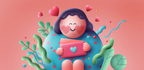 Love theme background. Happy Valentine's Day. Mother's day. 3d girl character in modern style. Romantic 3d illustrations.