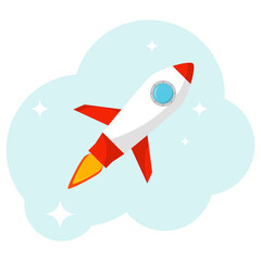 Naklejka na ściany i meble Rocket, cartoon rocket flying icon in the sky on a background of stars. Vector, cartoon illustration.