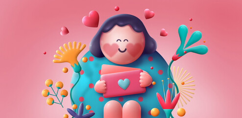 Love theme background. Happy Valentine's Day. Mother's day. 3d girl character in modern style. Romantic 3d illustrations.