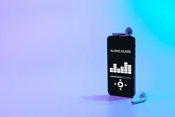Audio tour guide online app on mobile smartphone screen with music headphones. Digital library with...