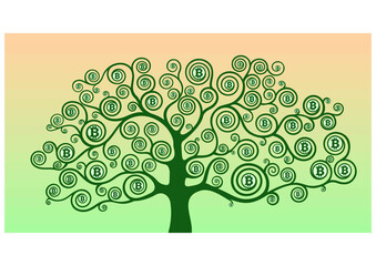 Tree with bitcoin signs on spiral branches in art deco style on a beautiful yellow-green background