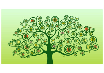 Tree with bitcoin signs on spiral branches in art deco style on a beautiful yellow-green background
