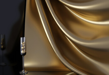 3D rendering glass with drape and gold balls