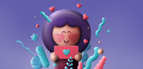 Love theme background. Happy Valentine's Day. Mother's day. 3d girl character in modern style. Romantic 3d illustrations.