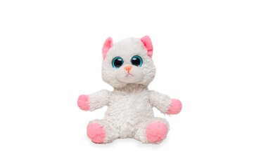 Isolated children's toy on a white background. The toy plush kitten sits on a white background.