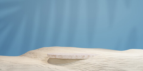 marble podium on sand background for product presentation. Natural beauty pedestal, 3d illustration