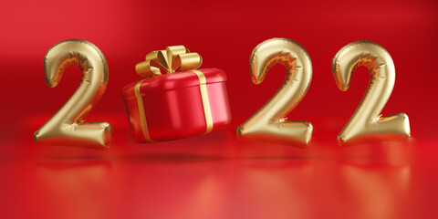 Happy new year 2022 background, red gift boxes with gold bow, greeting card, 3d illustration