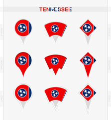 Tennessee flag, set of location pin icons of Tennessee flag.