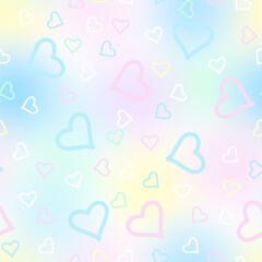 Delicate seamless abstract pattern of hearts of different colors and sizes on a light background of blurred color spots.