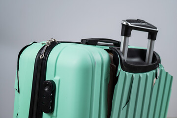 Close-up of a broken plastic suitcase on a white background.